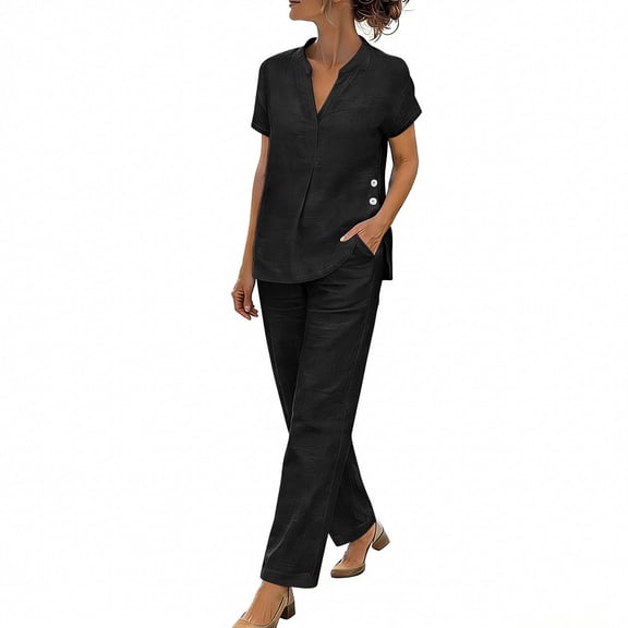 qelini 2 Piece Cotton Linen Outfits for Women Casual Plus Size V Neck Top and Long Pants Set Solid Color Lounge Sets