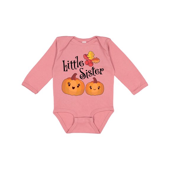 Inktastic Little Sister Pumpkins with Fall Leaves Girls Long Sleeve Baby Bodysuit