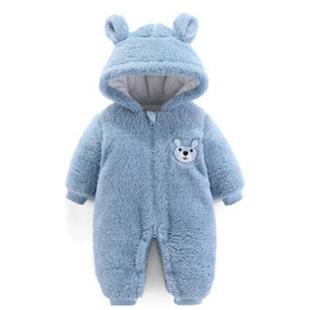 

EHTMSAK Infant Baby Toddler Fleece Long Sleeve Jumpsuit for Girl Boy Winter Warm Thick Hooded Romper Blue 3M-18M 90