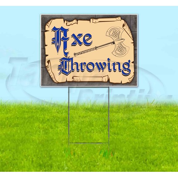 Medieval Fair Axe Throwing Blue Scroll (18" x 24") Yard Sign, Includes Metal Step Stake