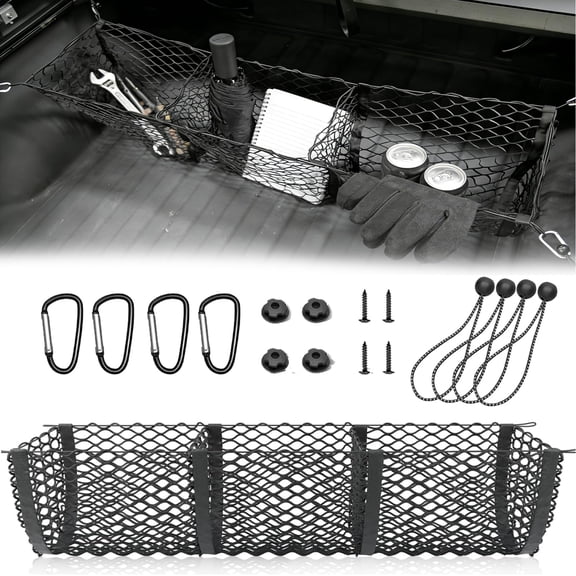 3 Pocket Truck Bed Cargo Net for Toyota Ford Dodge GMC Chevy Silverado, Universal Pickup Mesh Storage Net 47.2" x 11.8" Stretchable Elastic Truck Bed Grocery Holder Net with 4 Ball Bungees