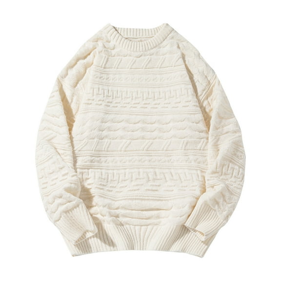 TFEOQRY Mens Vintage Cable Knit Sweater Solid Crewneck Long Sleeve Loose Pullover Fall Winter Warm Tops White