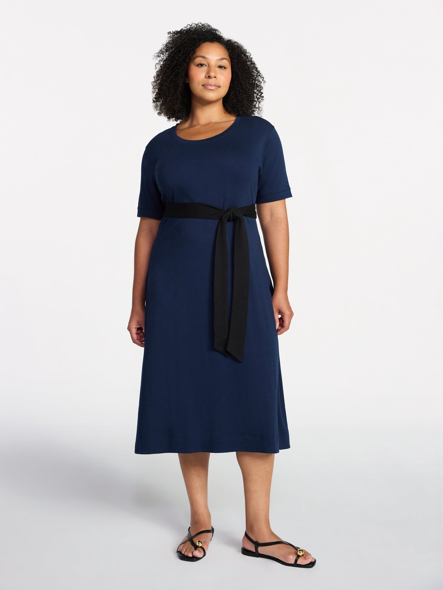 Time and Tru Women's Knit Midi Dress with Tie Belt, Sizes XS-XXXL