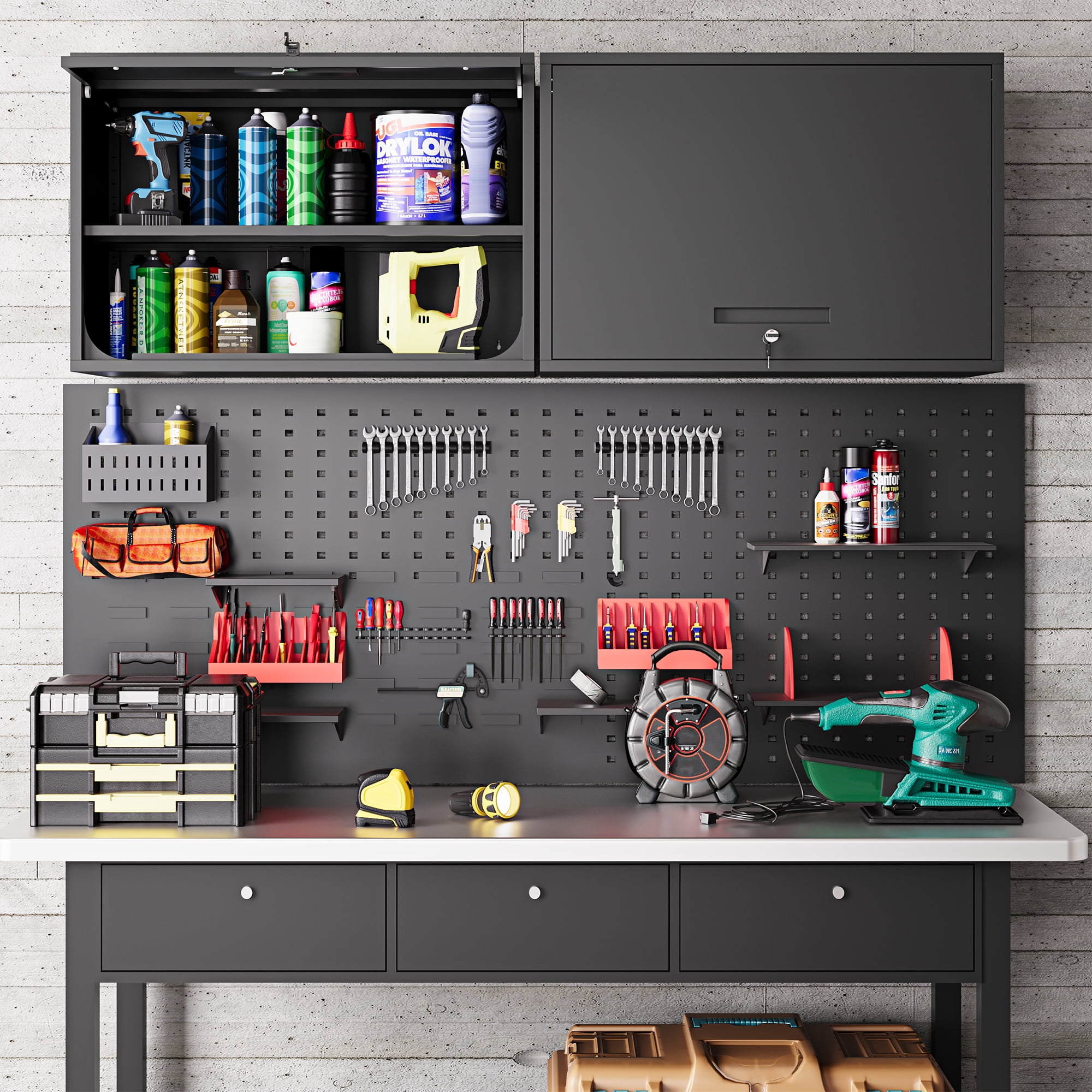AUHUP Steel Wall Cabinet, Versatile Adjustable Metal Wall Mounted Storage Cabinet Organizer for Garage, Office, Kitchen, Black, 31.5"W x 22"H x 16"D