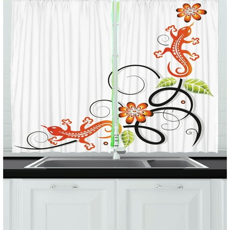 Small Window Curtains And Drapes Tribal Curtains 2 Panels Set, Small Baby Lizard Flowers and Leaves with Oriental Ethnic Lines Print, Window Drapes for Living Room Bedroom, 55W X 39L Inches, Orange Green Black White, by Ambesonne ()