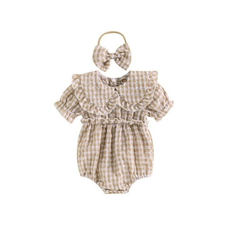 

Suanret Toddler Baby Girls Summer Casual Romper Short Sleeve Doll Collar Plaid Playsuit + Bow Headband Sets Khaki 12-18 Months
