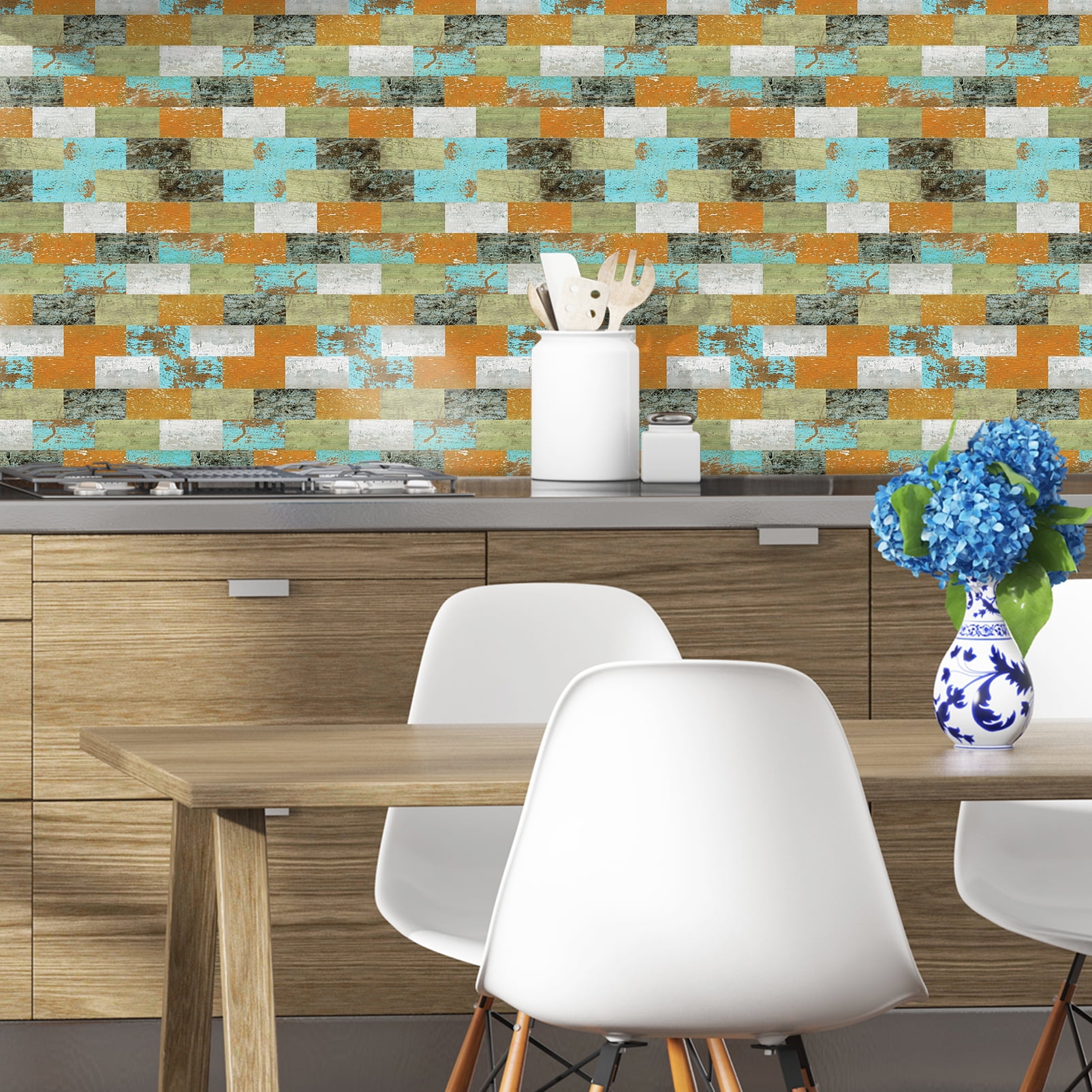 DEWOO 10-Sheet Peel and Stick Backsplash Wall Tile Self Adhesive, Stickon Tile for Kitchen Backplash, Bathroom Vanities, Fireplace Decor, Laundry Table, Stair Decals in Multicolor Woodgrain
