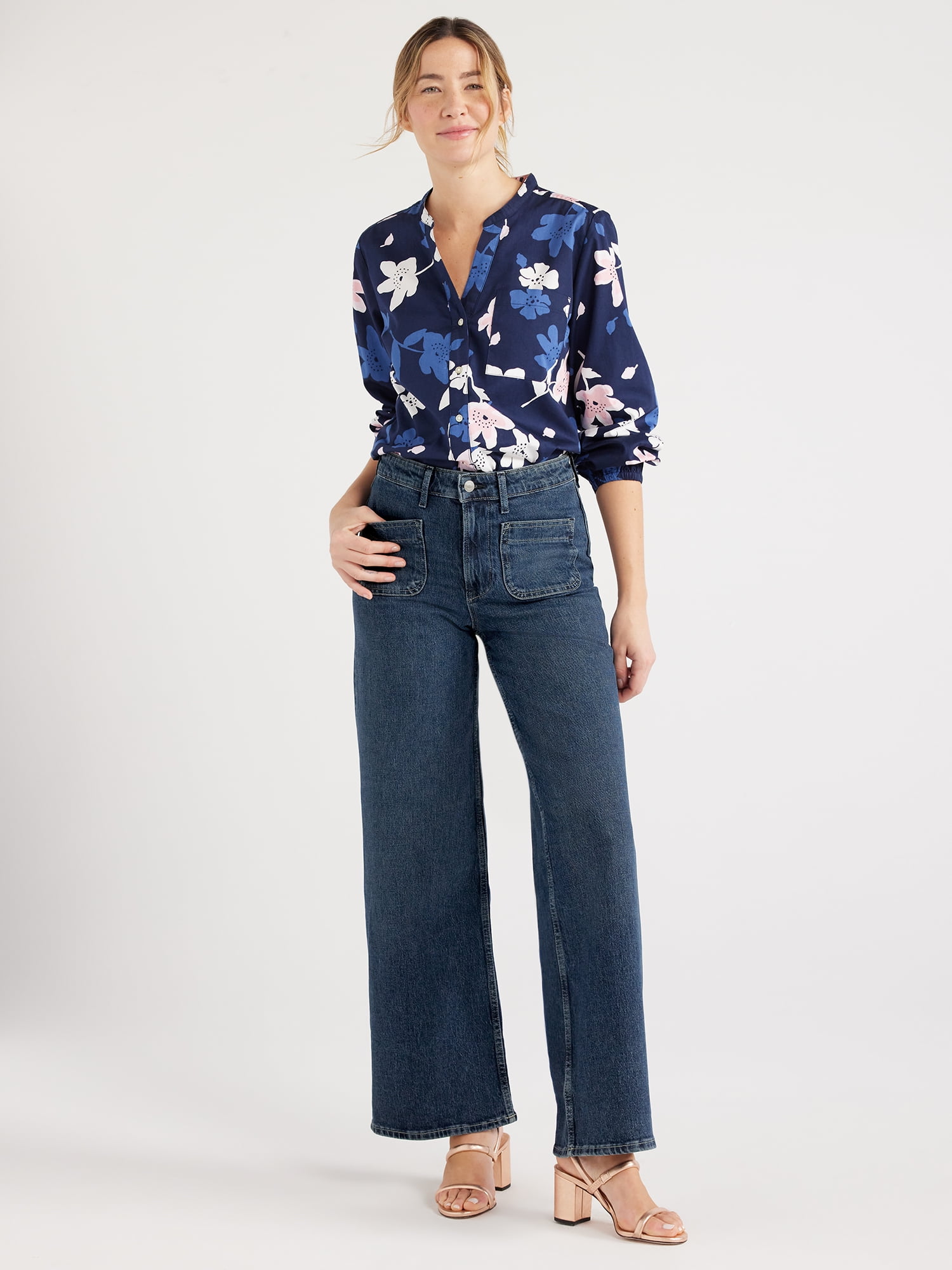 Free Assembly Women's and Women's Plus Wide Leg Jeans with Patch Pockets, 30", 32", and 34" Inseams, Sizes 0-26W