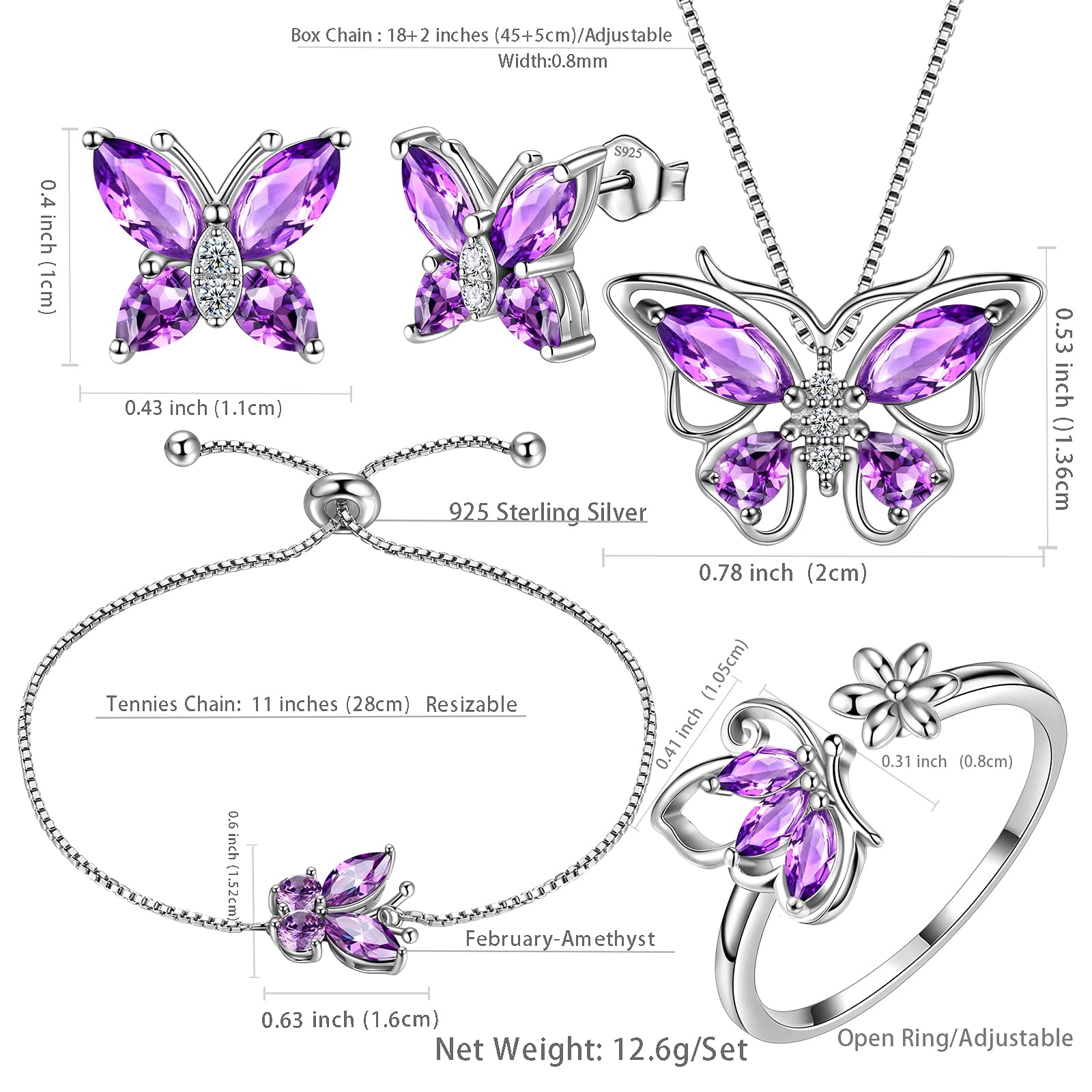 February Birthstone Jewelry Set Amethyst Purple Butterfly Fine Necklace/Earrings/Ring/Bracelet Sterling Silver Women Birthday Mother's Day Gifts