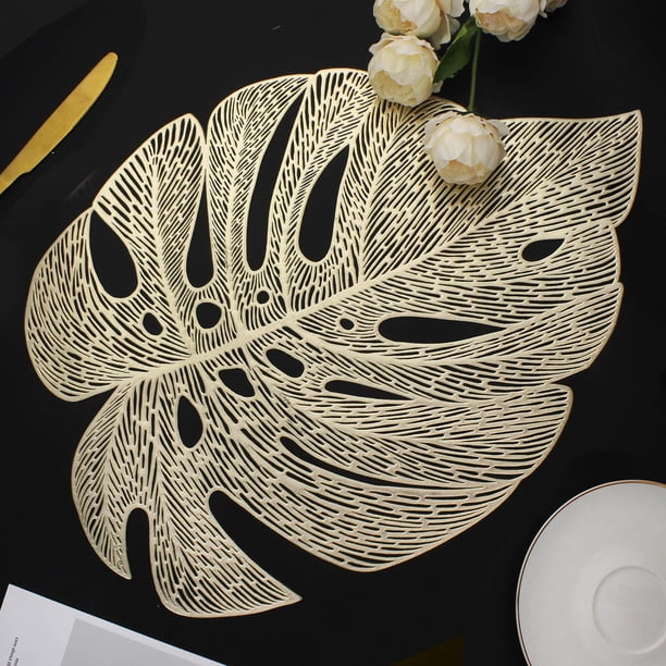 Mabbcoo Juego de 6 manteles individuales con hojas huecas para mesa de comedor, manteles individuales de vinilo prensado para fiestas, bodas, centros de mesa, decoración de mesa de cena (dorado jardín