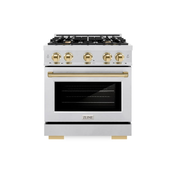 ZLINE Autograph Edition 30 in. 4.2 cu. ft. Dual Fuel Range with 4 Burner Gas Cooktop and Electric Convection Oven in DuraSnow Stainless Steel with Polished Gold Accents (HDRSZ-30-G)