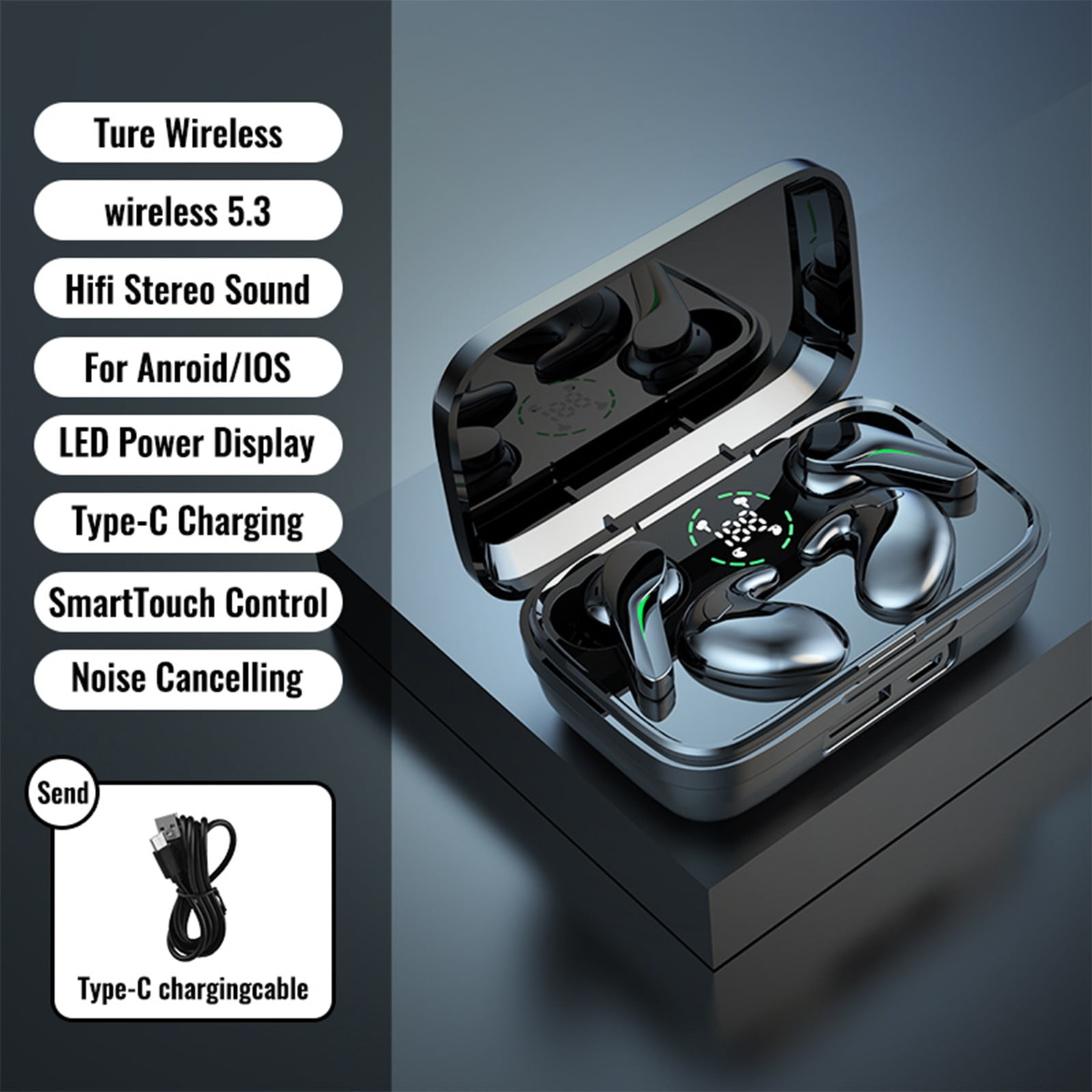 Wireless Earbuds, Bluetooth Earbuds Headphones Bass Stereo, IPX7 Waterproof Ear Buds with Mic LED Display, in Ear Earphones, 78H Playtime for Smartphone Laptop Pad Sports Workout - Black