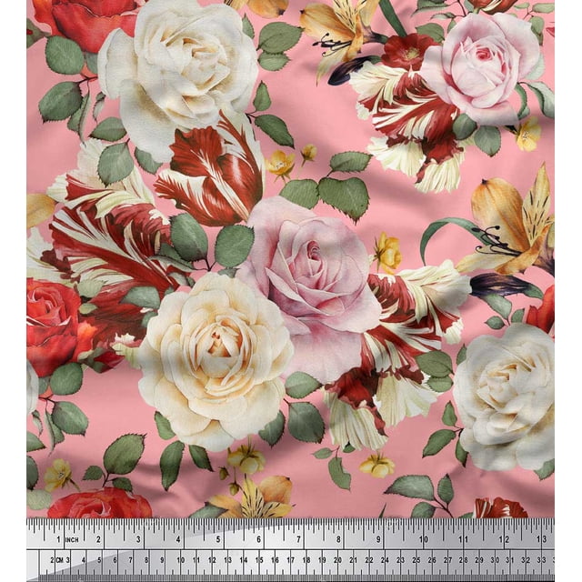 Soimoi Tissu Popeline de Coton Rose Imprimé Feuilles & Roses au Mètre 42 Pouces de Large