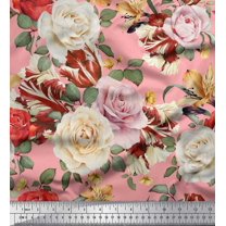Soimoi Pink Heavy Canvas Fabric Leaves & Rose Floral Print Fabric by the Yard 58 Inch Wide