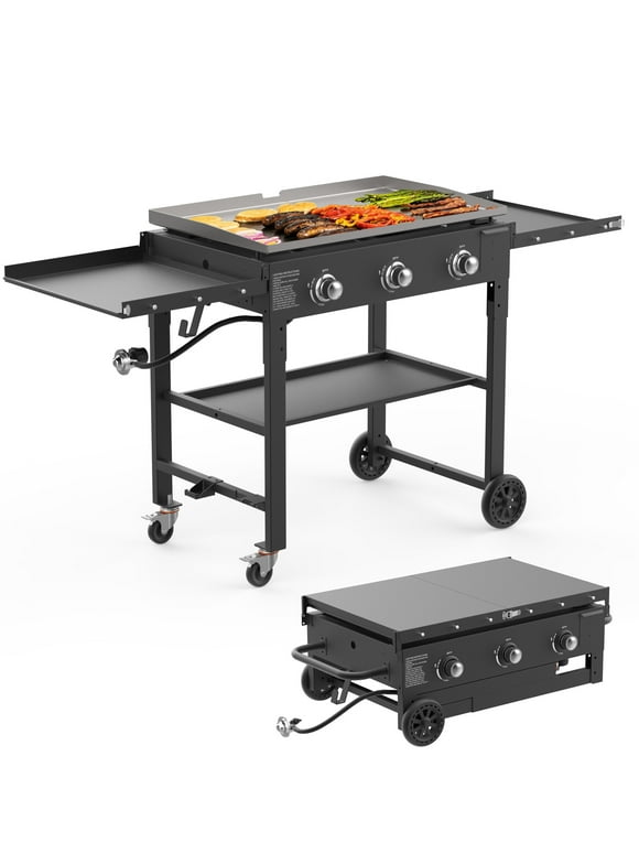 SKOK Foldable 3 Burners Gas Griddle-31.5''Outdoor Propane Griddle, Portable Flat Top Gas Grill -45000 BTU Propane Fuelled with Side Shelves