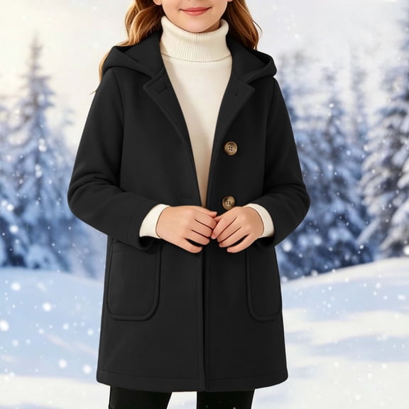 Girls Hooded Wool Blend Coat Long Sleeve Single Breasted Mid Length Overcoat with Patch Pockets Black 12-13 Years
