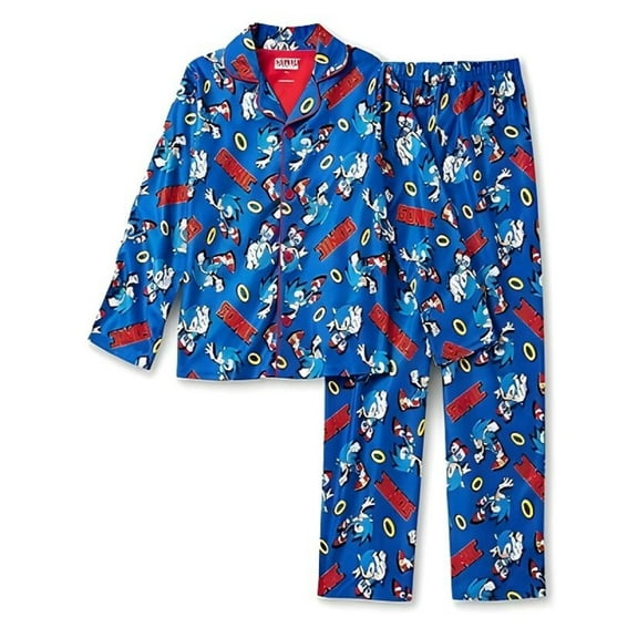 Sonic the Hedgehog Boy's Blue Rings Print Flannel Button Down Pajama Set (Size 8)
