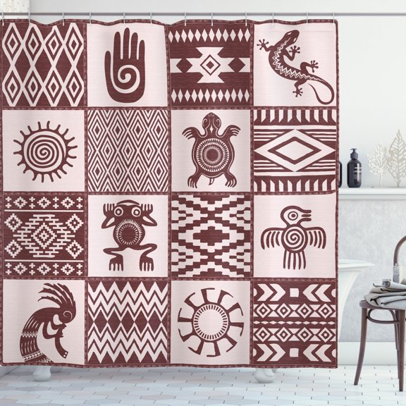 Ambesonne Kokopelli Shower Curtain, Patchwork Style Prehistoric, 69"Wx75"L, Rose Pale Maroon