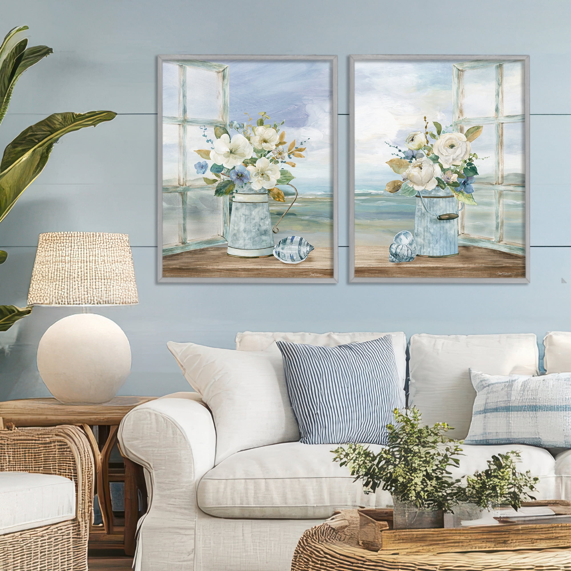 Stupell Industries Seaside Bouquets in Window 2 Piece Gray Framed Giclee Art Set, design by Carol Robinson