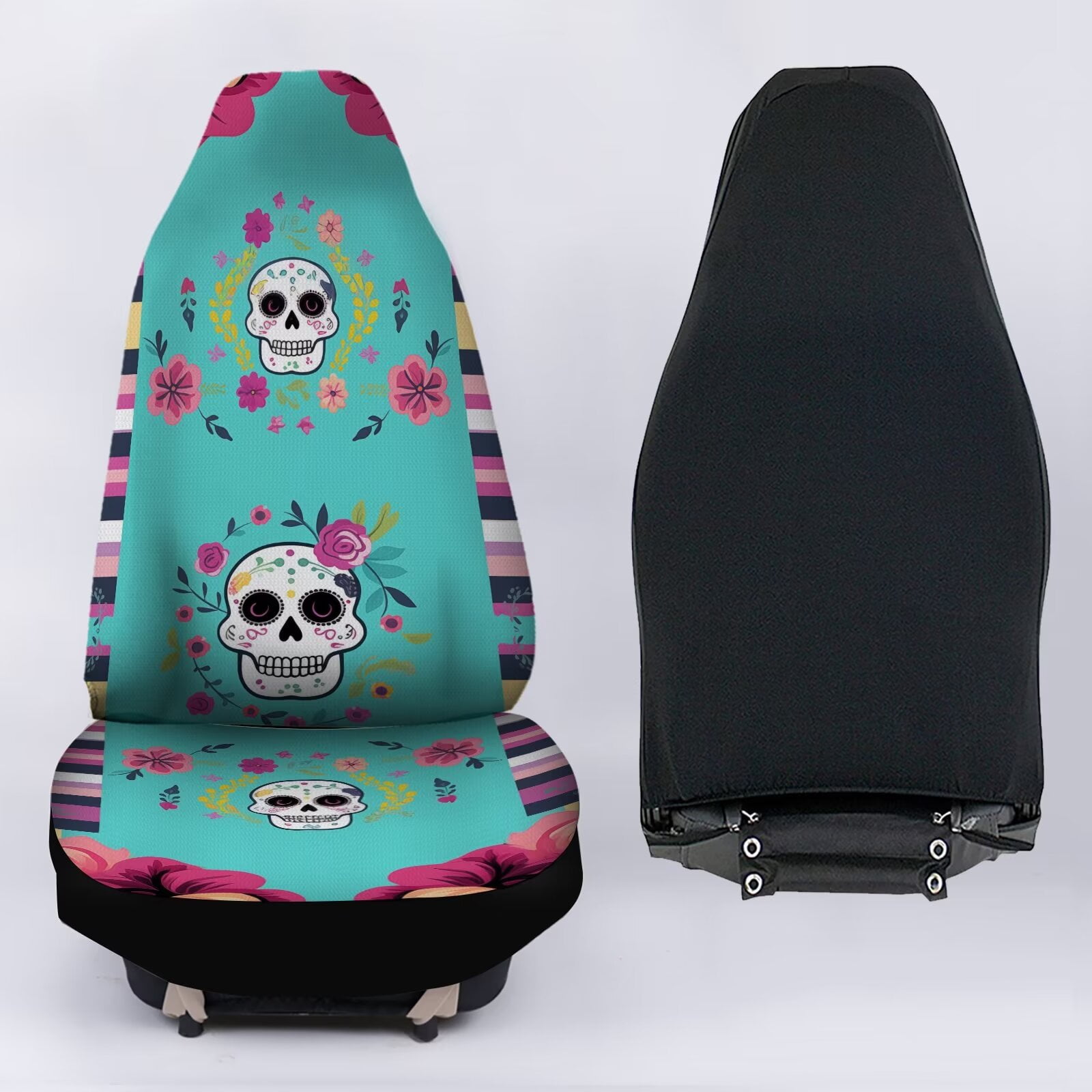 Uourmeti Blue Sugar Skull Floral Print Auto Seat Covers 2pc Set Easy Install Full Wrap Durable Elastic Bucket Seat Covers Elastic Fit Most Vehicle