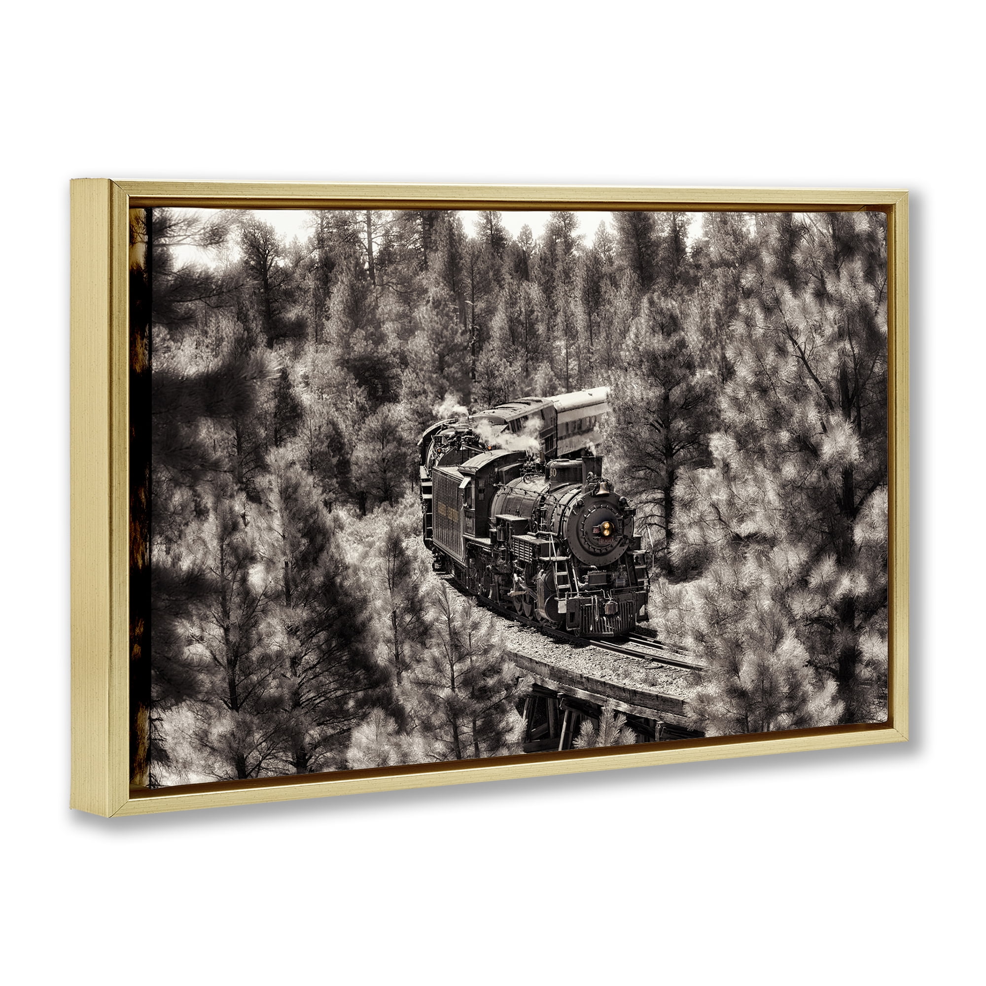 Stupell Industries Train on Curving Path Transportation Photography Gold Floater Framed Canvas Art Print Wall Art, 25 x 17
