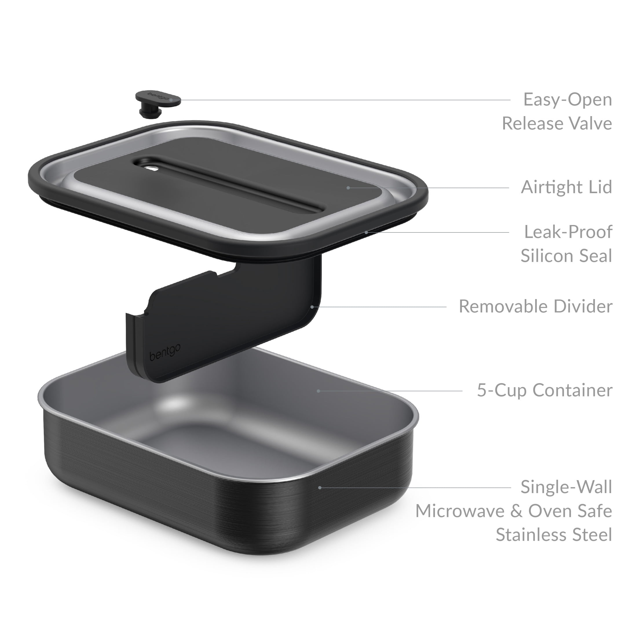 Bentgo MicroSteel Leak-Proof Lunch Box - Microwave-Safe, Oven-Safe, Bento-Style Container with Removable Divider, Airtight Lid, Sustainable Design, Odor & Stain Resistant (Carbon Black)