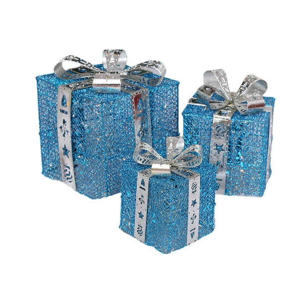 3 cajas de regalo navideñas iluminadas con adornos navideños brillantes para chimenea. azul y plata