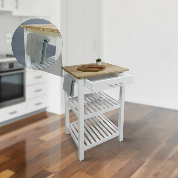Casual Home Solid Wood 22.75"W Kitchen Island with Drawer, Two Shelves, and Towel Racks, American Maple Top, Two-Tone Finish (Natural White)
