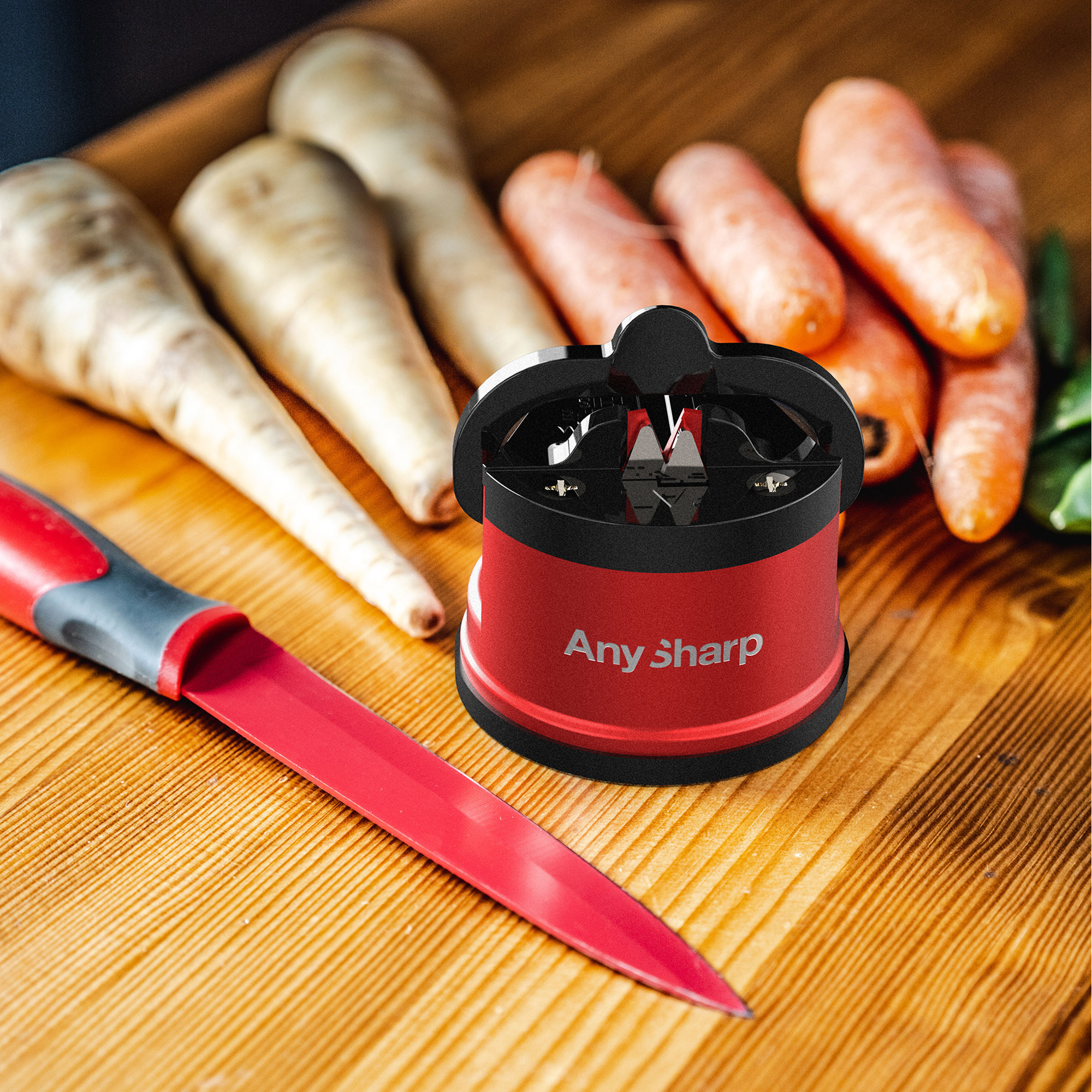 AnySharp Knife Sharpener, Hands-Free Safety, PowerGrip Suction, Sharpens All Kitchen Knives, Red