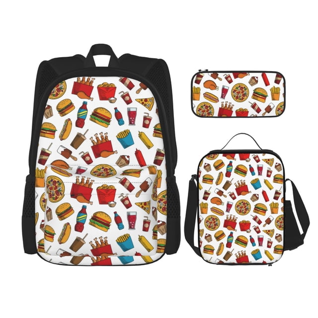 Balery Hot Dog Pizza Mochila Escolar 3 en 1 para Niños - Mochila Resistente con Lonchera Térmica y Estuche - Mochila Escolar para Niños y Niñas