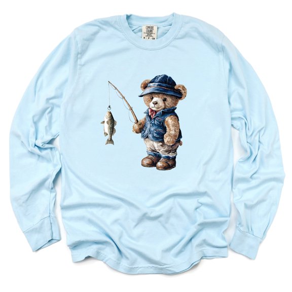 Teddy Bear Fisherman - Womens Garment Dyed Long Sleeve