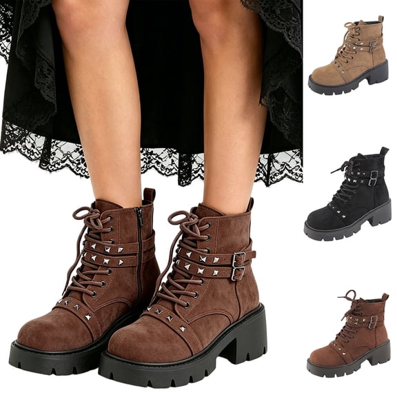 FRSASU Women's Studded Buckle Platform Combat Boots Faux Suede Lace‑Up Ankle Boots with Side Zipper Khaki