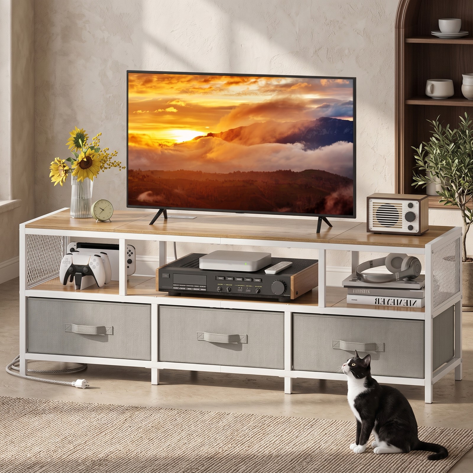 Furnibear TV Stand for TVs up to 65 Inches, Entertainment Center with Power Outlets USB Type-C Charging Station, 3-Tier Media Console with 3 Fabric Drawers, Natural