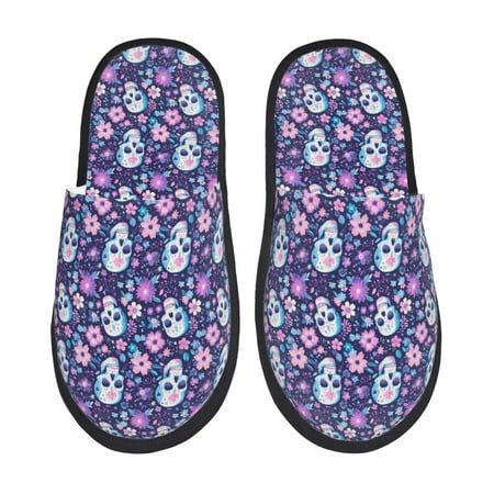 Balery Skull Purple Flower Slient Indoor Furry Fleece Comfort House Shoes Soft Non-Slip Home Shoes Cotton slippers House Slippers-- Medium