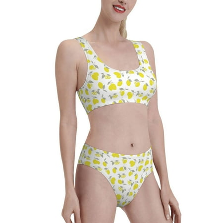 Picia Yellow Lemon Leaves Women s High Waisted Bikini Scoop Neck Swimsuit Two Pieces Bathing Suit-Small