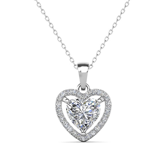 Cate & Chloe Amora 18k White Gold Plated Silver Heart Necklace with Simulated Diamonds for Women