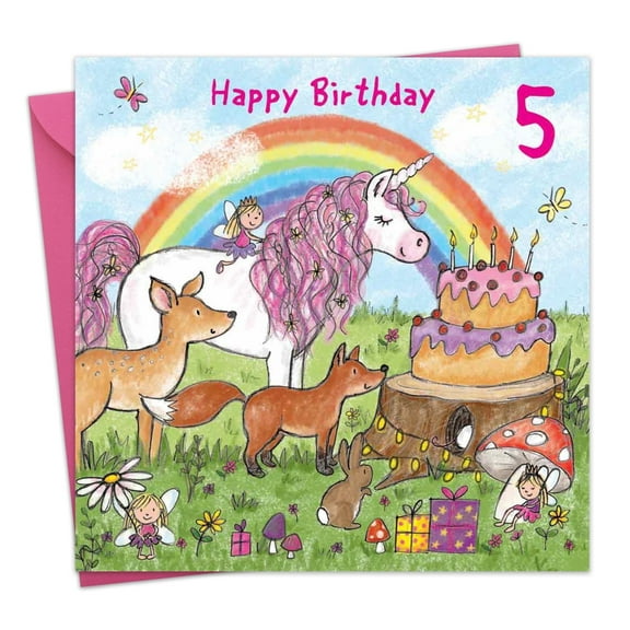 Twizler 5th Birthday Card for Girls - Unicorn - Children's Age 5 Happy Birthday Greeting Card for Daughter Granddaughter Niece Kids