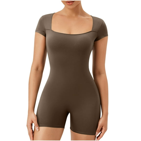 Athletic Rompers for Women Square Neck Bodysuits 2025 Short Sleeve Basic Going Out Jumpsuits