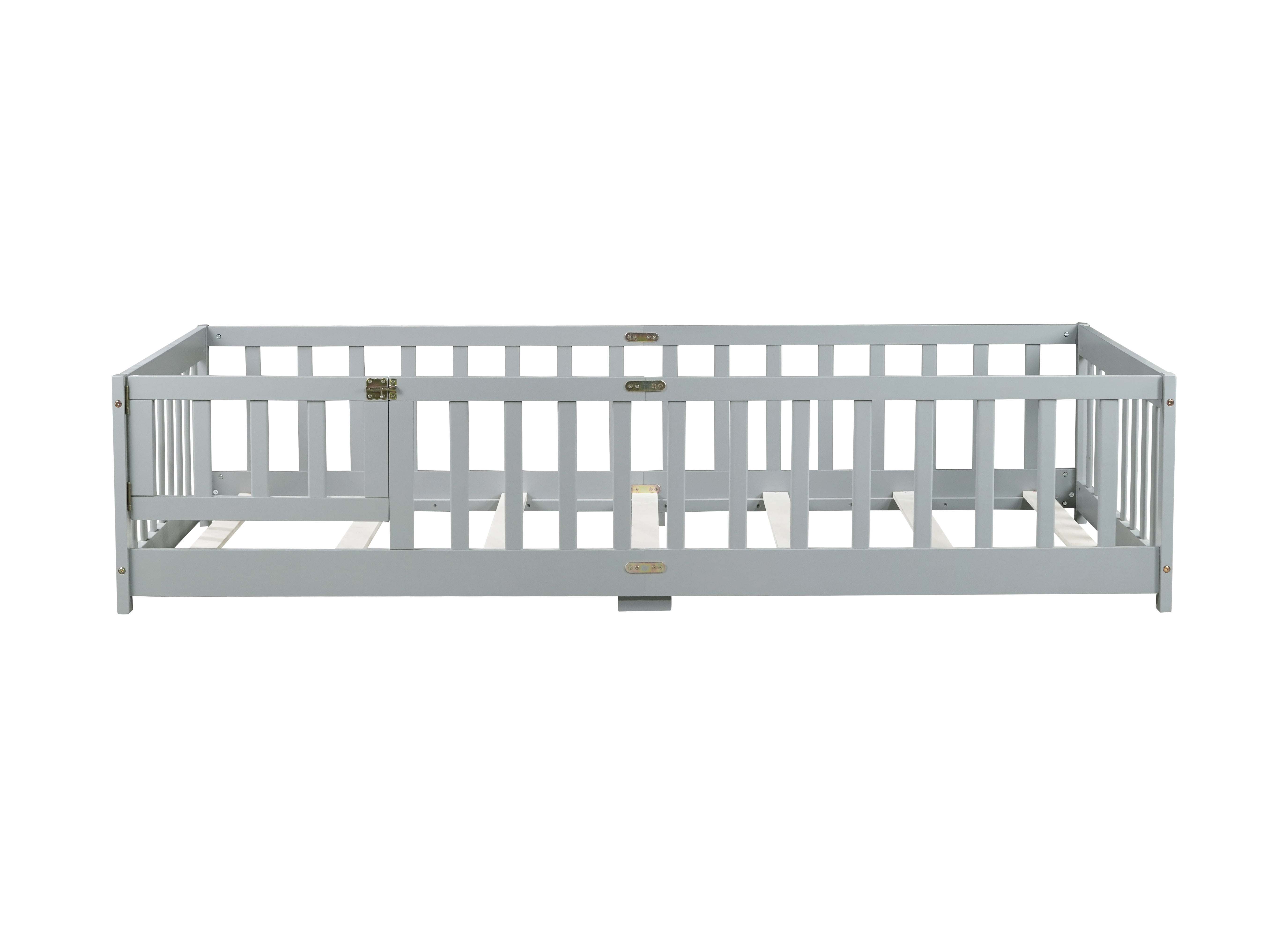SESSLIFE Twin Size Floor Bed, Wood Floor Bed Frame with Slat and Door, Twin Bed with Safety Guardrails Boys, Girls, No Box Spring Needed, Grey