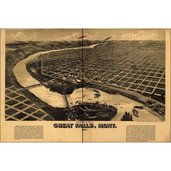 24"x36" Gallery Poster, birdseye view map of Great Falls, Montana 1891