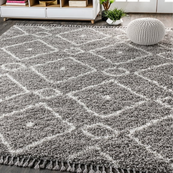 JONATHAN Y MERCER SHAG 5 x 8 Area Rug, Mercer Plush Tassel Moroccan Diamond - Gray/Cream, MCR105C-5