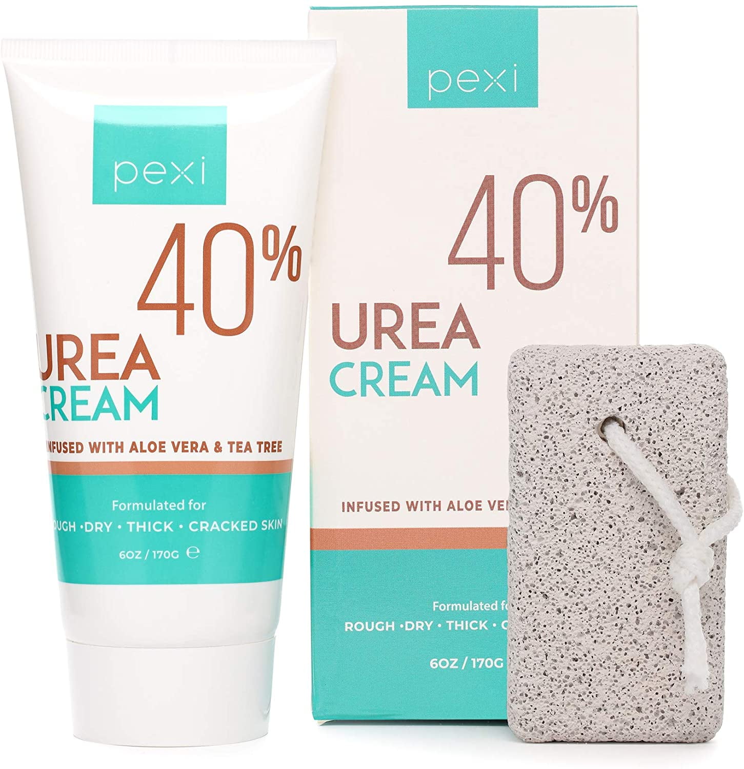 Pexi Urea Cream 40% with Aloe Vera, Tea Tree Oil, and Salicylic Acid - Moisturizer for Dry Cracked Skin, Callus Heel Lotion - Urea Cream 40 Percent Foot Cream - Comes with Free Pumice Stone - 6 oz