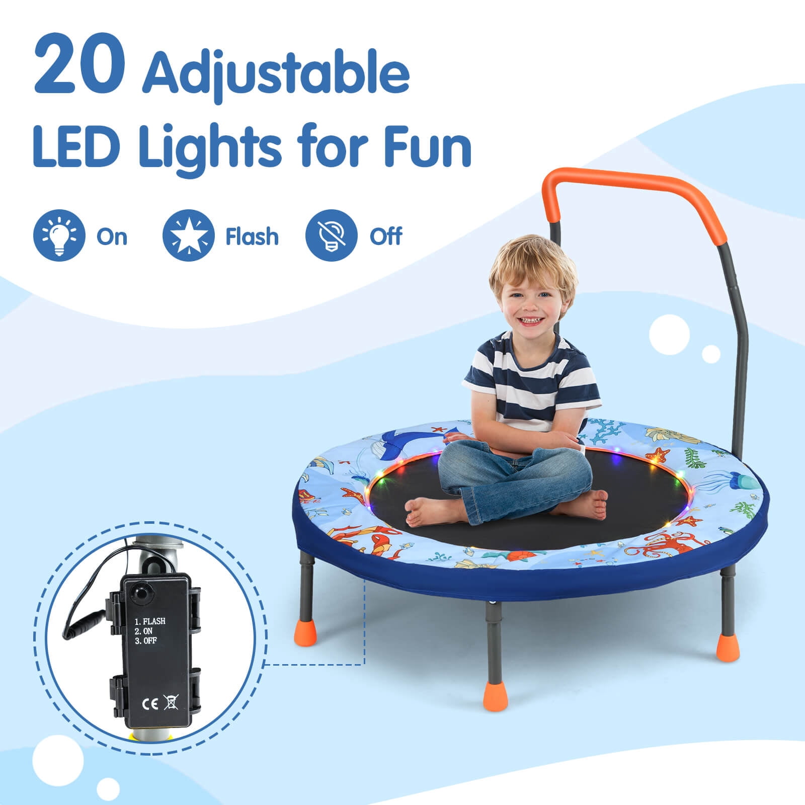 Infans 36" Foldable Kid Trampoline w/ 20 LED Lights Foam Handlebar Padded Safety Cover