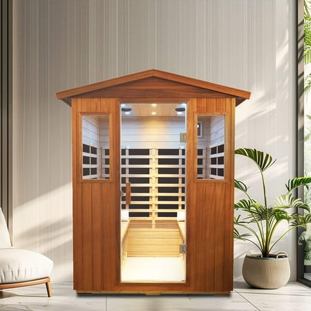 Outdoor Khaya Wood Four Person Far Infrared Sauna Room Natural Wood Metal Wood