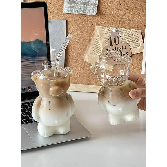 ValHome 2PCS Bear Glass Cups with Straws, 11oz High Borosilicate Cute Bear-Shaped Drinking Glasses, Iced Coffee & Milk Tea Tumbler Set for Home Café, Couples, Gifts, and Daily Use