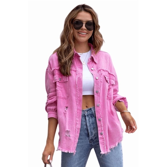 Aria Romance Women's Distressed Denim Jacket - Raw Edge Casual Jean Jacket S-2XL