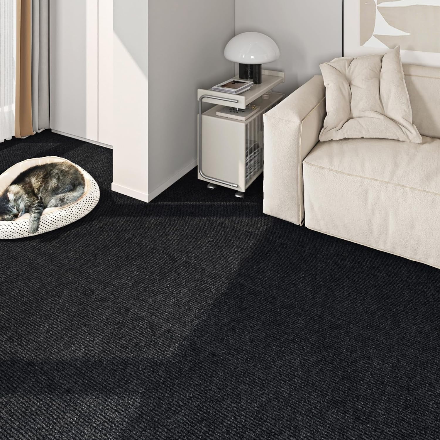 24"x160" Large Black Carpet Roll with Padding Attached for Bedroom Living Room Outdoor Washable Rug Tiles Non Slip Soft Padded Carpet Tile Squares Peel and Stick Floor Tile for Kitchen Stairs