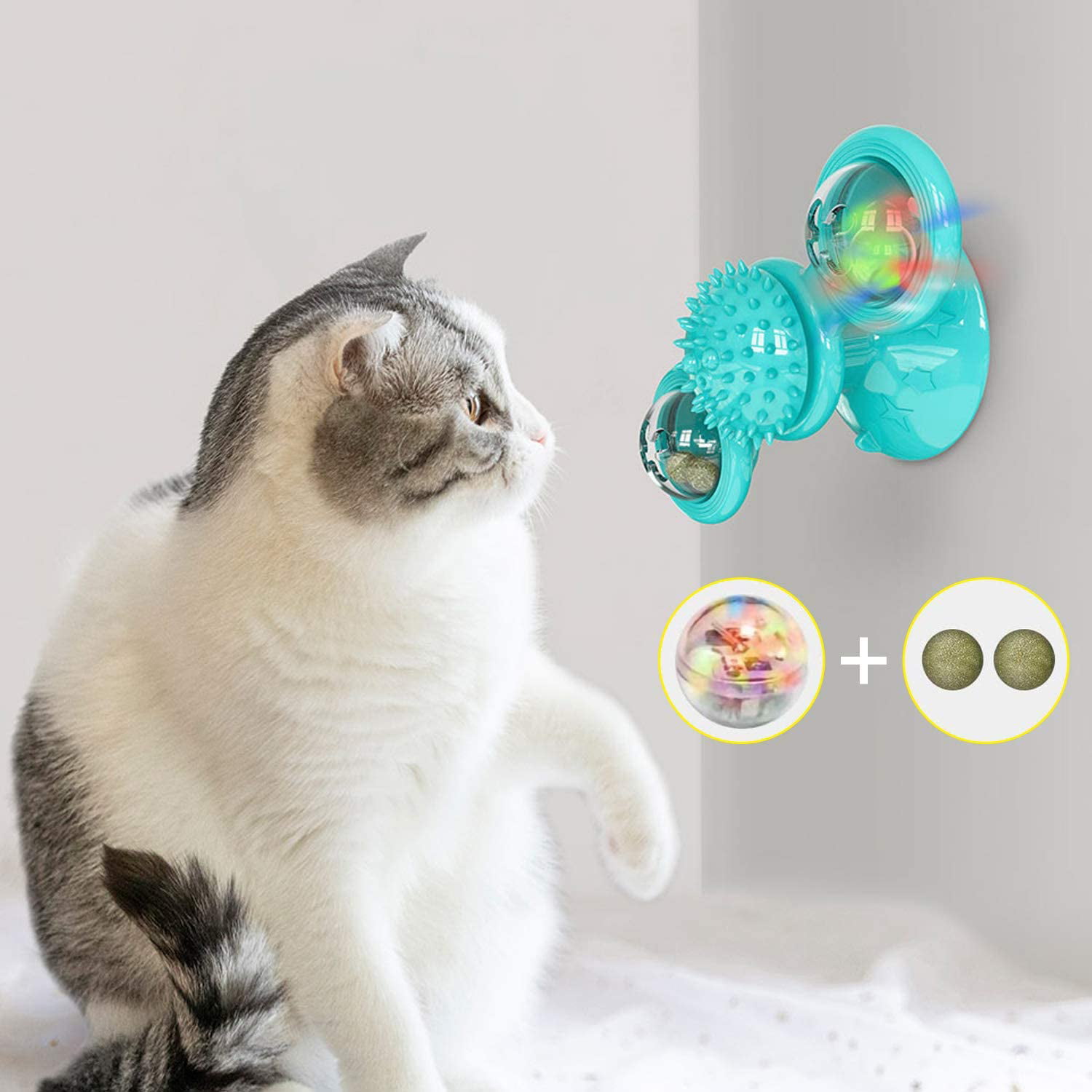 YIZHUO Cat Suction Cup Toy,Interactive Windmill Cat Toy with Led Ball and Catnip Ball,Silicone Soft Brush Washable Scratching Tickle Grooming Shedding Massage for Cats Green 