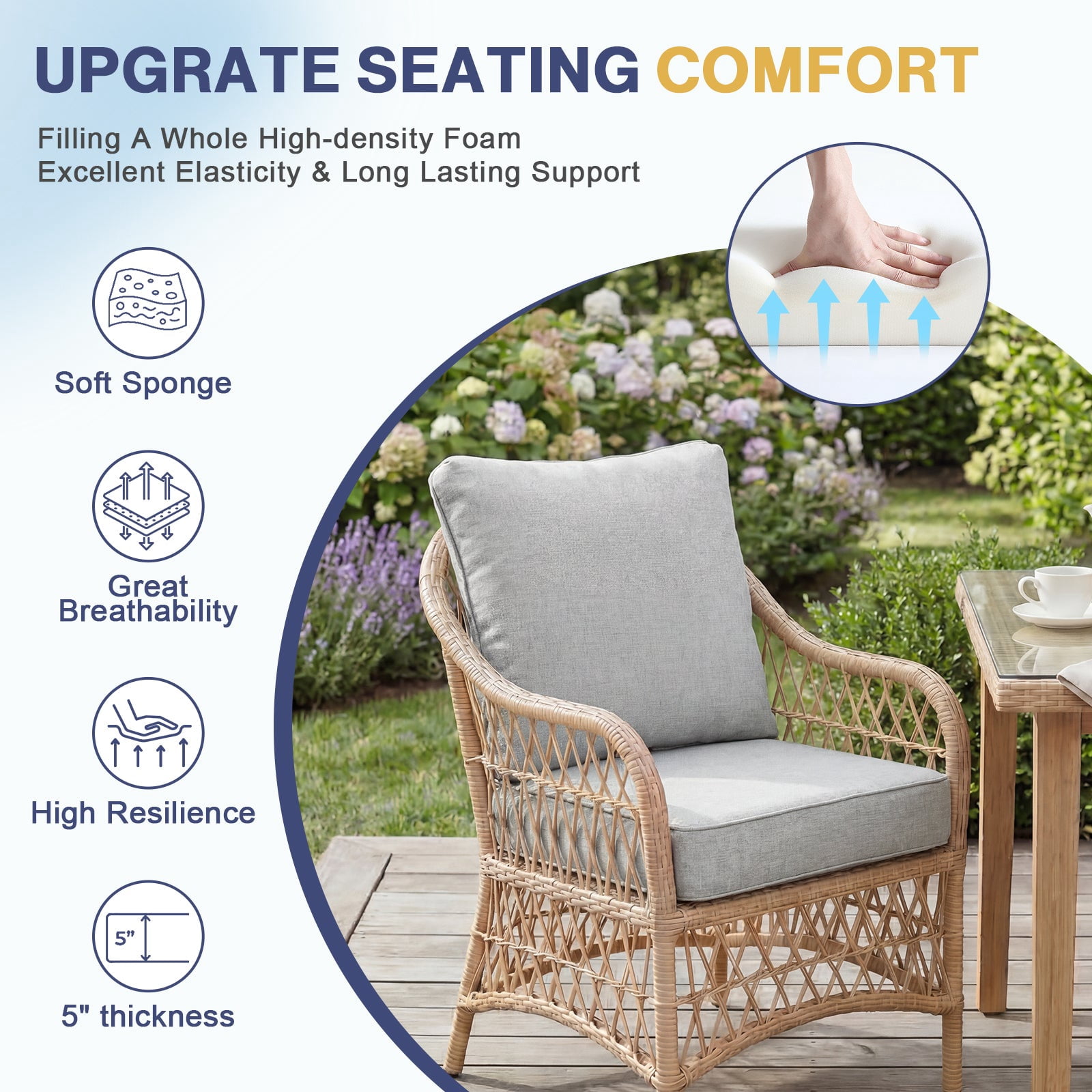 Aoodor 24 x 26 Inch Outdoor Seat Cushion Set of 2, Water-Resistant & Fade Resistant Deep Seat and Back Cushion with Removable Cover for Patio Furniture Chair, Sofa and Couch, Light Gray