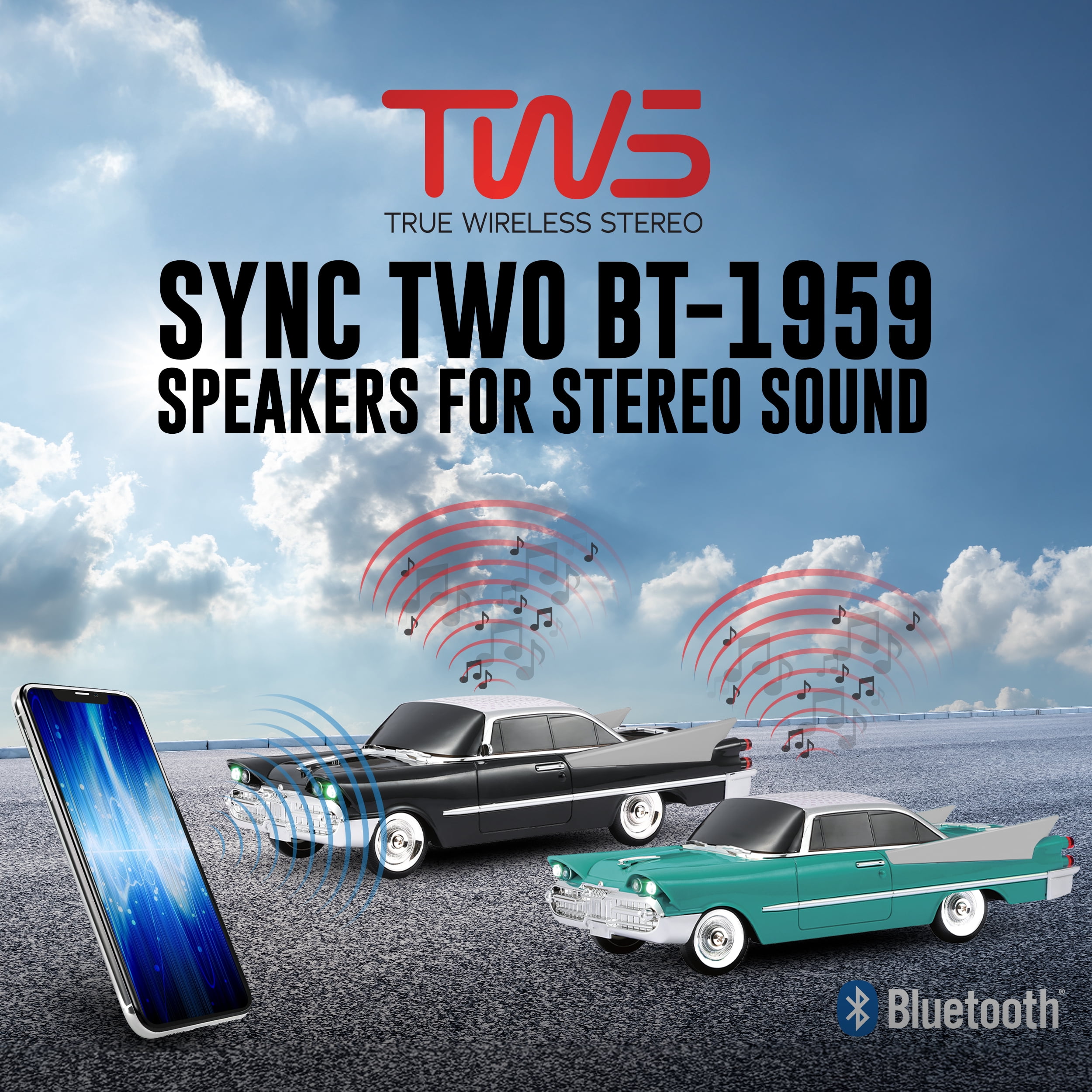 QFX Bluetooth 1959 Retro Classic Car Speaker, Dual 2-inch Speakers, Hands-Free Link, Built-in Microphone, FM Radio, and LED Party Lights, Emerald - BT-1959-EMR